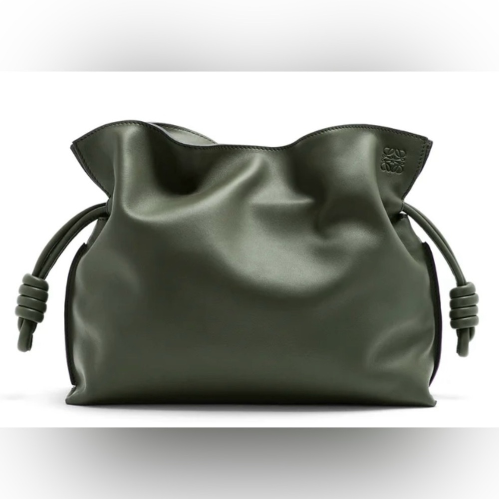 Loewe Flamenco Leather Drawstring Clutch (Color: Vintage Khaki)